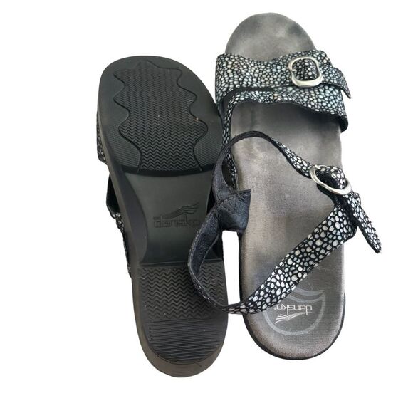 Dansko Sandi Ankle Strap Sandals Leather Silver Dot Platform Wedge Womens Sz 41